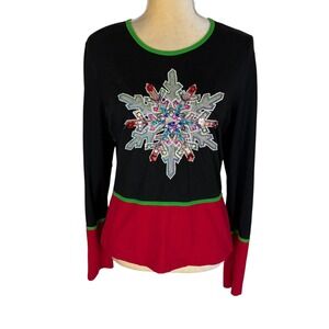 Michael Simon Black Red Snowflake Sequin Beaded Long Sleeve Holiday‎ Shirt M